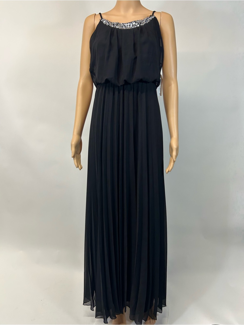 Bisou Bisou Black Beaded Neckline Pleated Maxi Dress